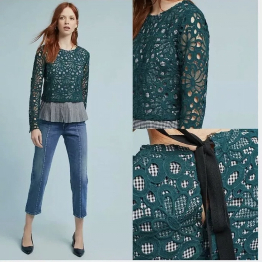 Anthropologie Maeve Green Pleated Lace Top Gabriella Gingham